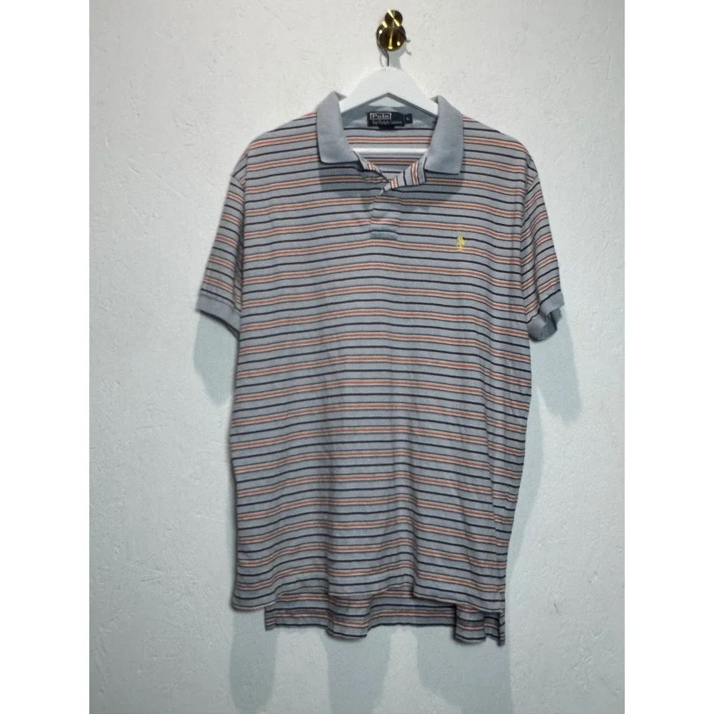Vintage Polo Ralph Lauren Striped Polo Shirt Mens L Grey Orange Yellow 90s Retro